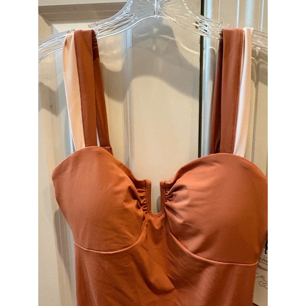 Calla Swim Collection One Piece Rust Orange Ribbed Sz 12 Neck Ruched Swimsuit - Picture 4 of 9